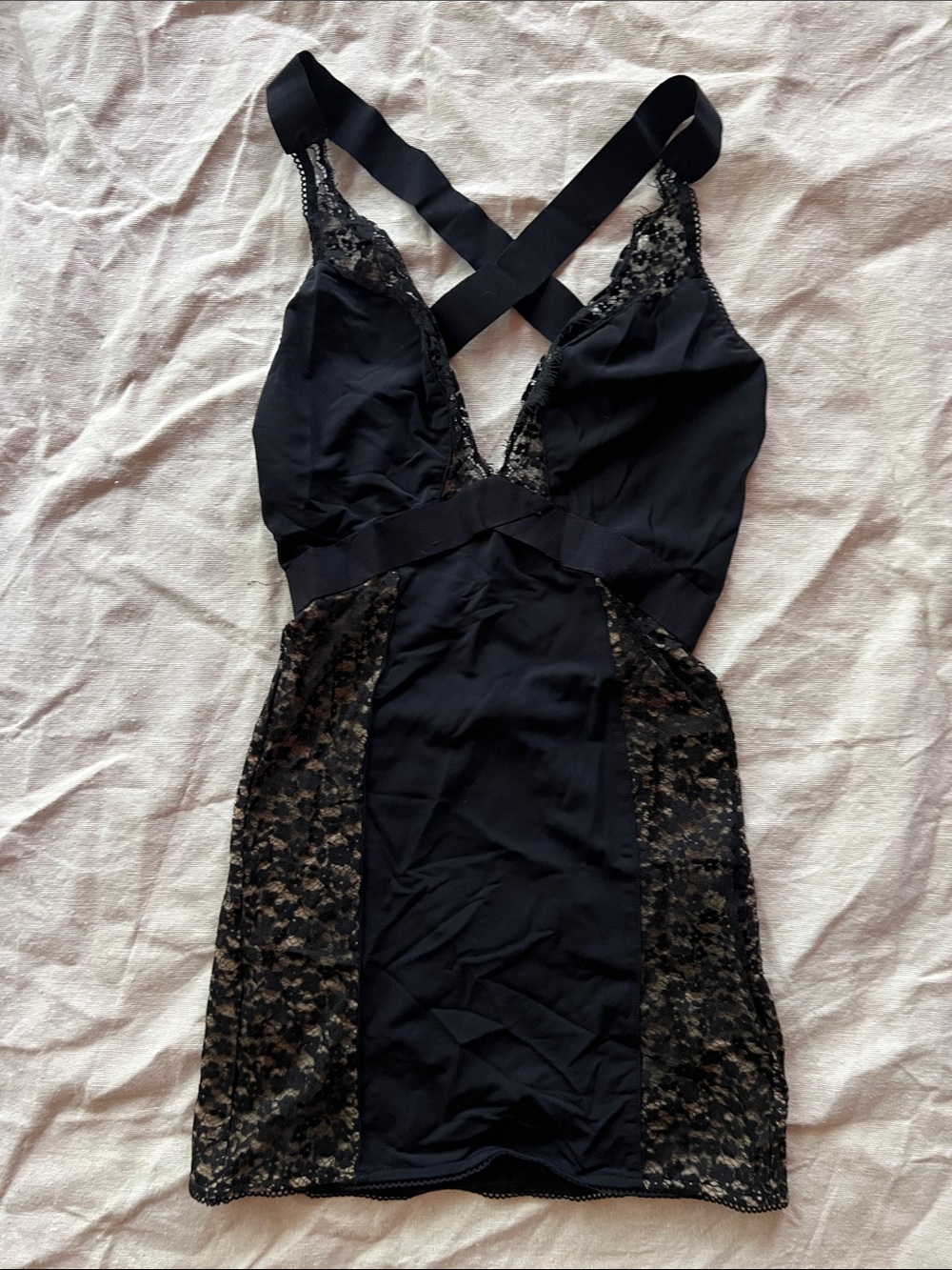 Strappy Black Lace-Insert Mini Dress
